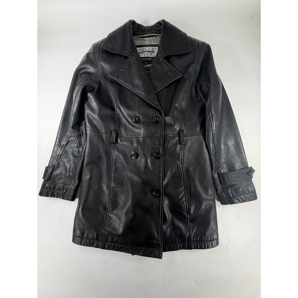 Pelle Studio Wilsons Leather Black Double Breasted Pea Coat Thinsulate Small